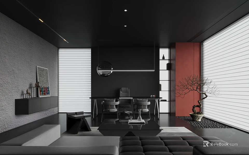 Modern Study Room With Black Grey Red Walls Sofa Desk Chair Blinds And Pendant Light 3d model